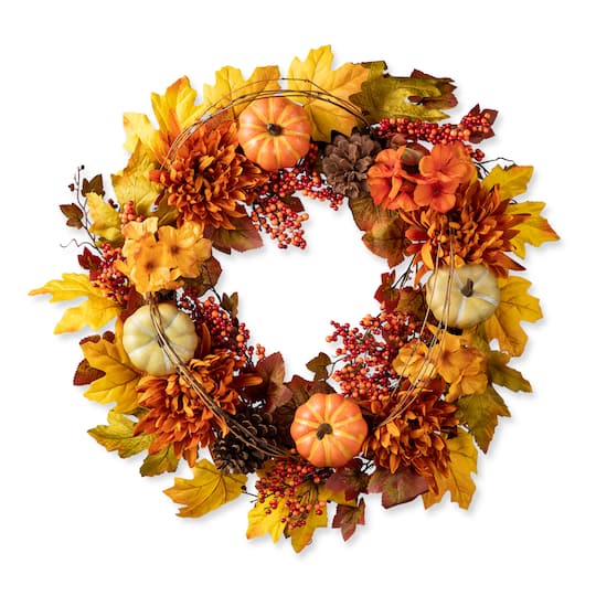 Glitzhome; Glitzhome® 24" Fall Dahlia, Pumpkin, Leaf & Berry Wreath; Category:Fall Wreaths; Image:1